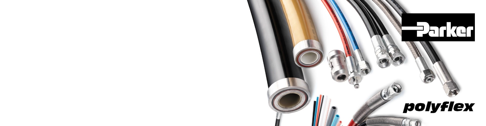 Assorted Parker Polyflex high-pressure hoses and fittings for hydraulic and industrial use with Parker logo on white background.