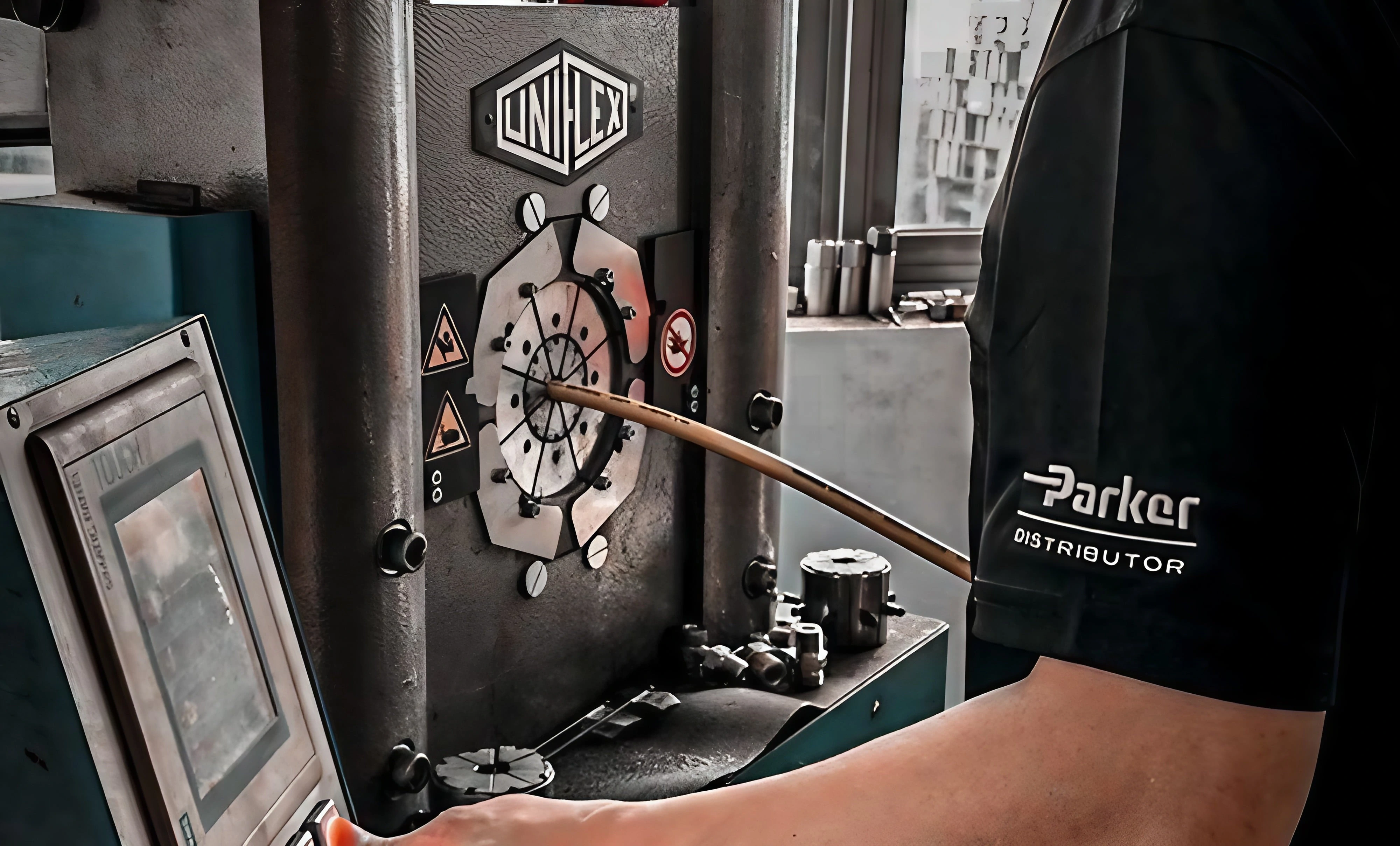 Technician using UNIFLEX hose crimping machine at Parker distributor workshop in Singapore.